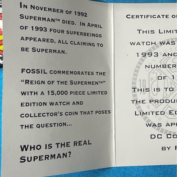 FOSSIL COMMEMORATIVE WATCH “REIGN OF THE SUPERMEN” 1993 COA NIB NUMBERED - Picture 5 of 13